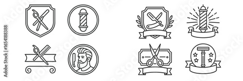Barber shop vector illustrations featuring grooming symbols and tools