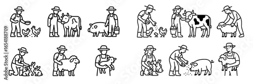 Farm animals and farmers interacting in a rural setting