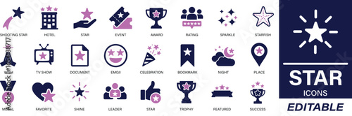 Star Icon Set featuring solid vector icons including sparkle, award, review, celebration, shooting star, and more. Great for achievements, bookmarks, ratings, and event visuals.