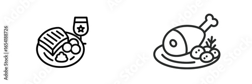 Delicious meal icons featuring seafood and roasted chicken dishes