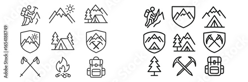 Hiking adventures with mountain illustrations and outdoor icons