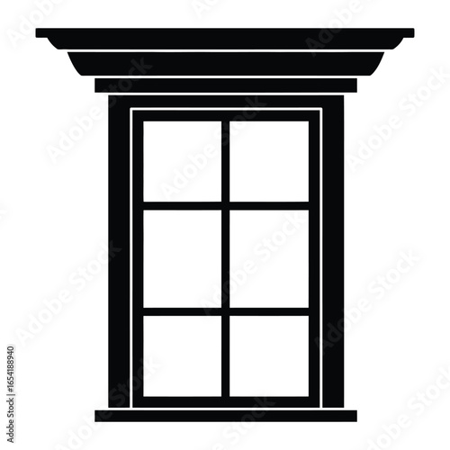 Illustration of a window with six panes and a decorative frame in a black and white image vector