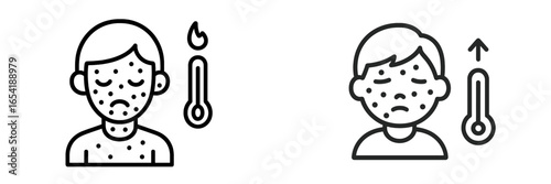 Illustrations of a child with fever and rash showing discomfort