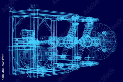 A detailed 3D model of a steam engine features modular components and suspension elements on a blue background. The wireframe design highlights the electric motor and mechanical blueprint.