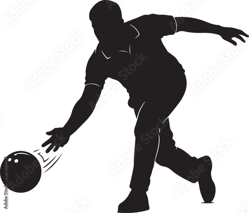 Black silhouette of bowling player releasing ball, white background, minimal style
