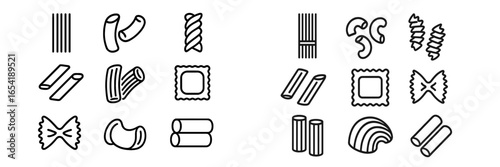 Different types of pasta shapes illustrated in a vector style
