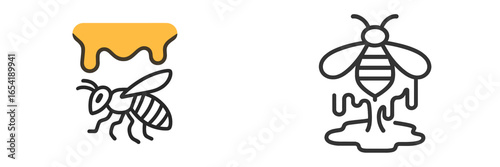 Vector illustration of honey dripping and a bee on a white background