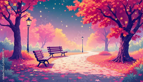 Vibrant animated artwork depicting a park scene with a bench and flourishing trees.