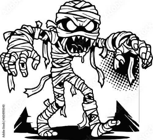 A menacing black and white illustration of a wrapped mummy monster with an evil expression.