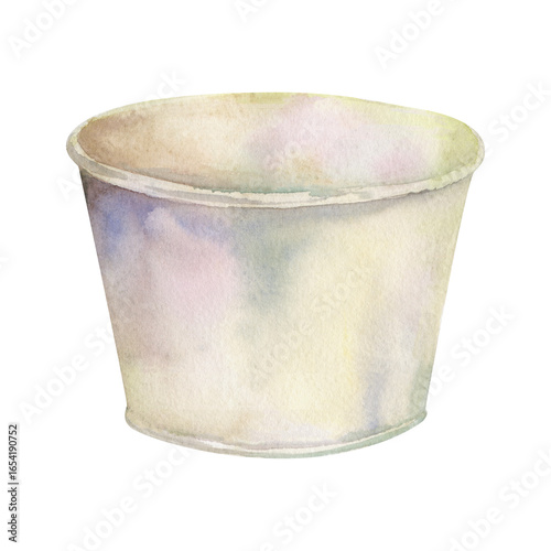 Empty recycled paper or plastic cup, disposable bowl, single use dish bucket container. Isolated illustration hand drawn in watercolor. Cafe branding, frozen dessert label, eco takeaway packaging.