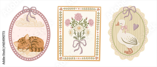 Vintage set with cute goose and kitten in pastel wavy frame. Hand drawn coquette cartoon illustration with pink ribbon bow and flower. Great for greeting card design and print decor or invitation.
