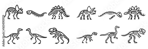 Illustration of various dinosaur skeletons in a playful design