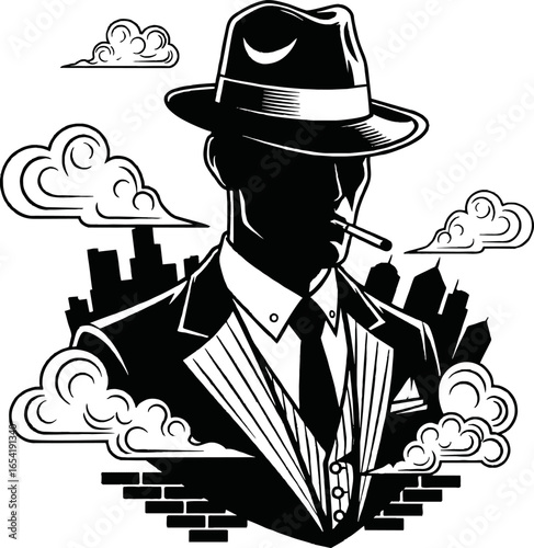 Silhouette of a stylish man in a suit and hat, smoking a cigar, with a cityscape background.