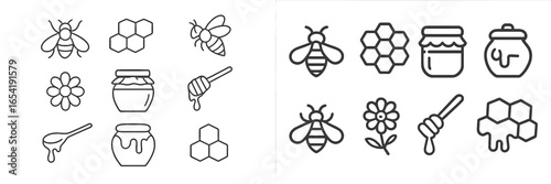 Vector illustration of bees, honey, and flowers in simple style