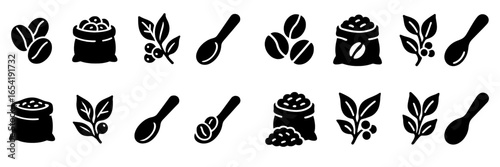 Coffee beans and leaves vector illustration in black silhouette style