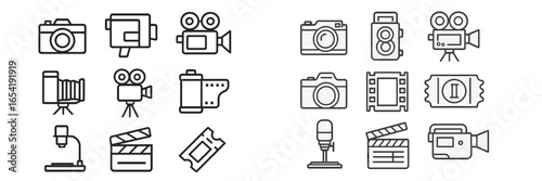 Variety of media and film equipment icons in vector style