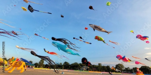 Vibrant kites soar overhead at colorful kite festival outdoor celebration fun atmosphere aerial view family-friendly event