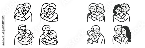 Heartwarming illustrations of various hugs among different pairs