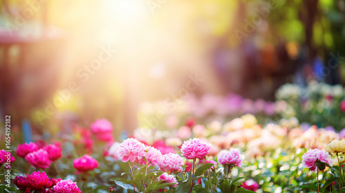 A lush garden filled with vibrant flowers bathed in warm summer sunlight, creating a dreamy atmosphere.