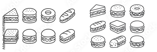 Delicious assortment of tasty sandwiches and desserts in vector style