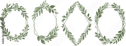 Four Green Leafy Wreath and Geometric Frames on White Background floral leaves