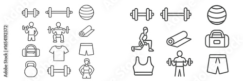 Fitness icons collection featuring gym equipment and athletes