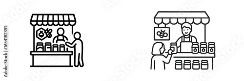 Market stall illustration with vendors and customers