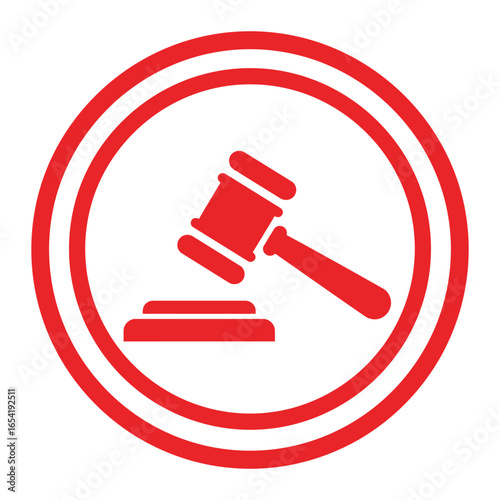 Red gavel inside a double red circle on a white background representing legal and judicial matters vector