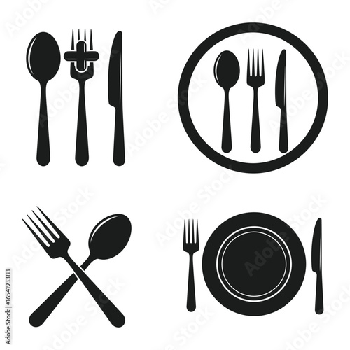 A set of four black and white images depicting various arrangements of cutlery and tableware icons vector