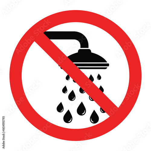 Red prohibition sign over a black shower head with water drops indicating no showers allowed here now vector