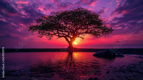 Serene sunset over a solitary tree reflected in tranquil waters