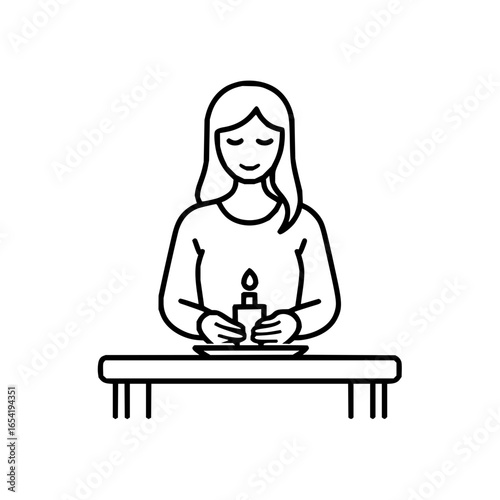 Woman holding candle at table in a moment of reflection and quiet contemplation scene vector 100
