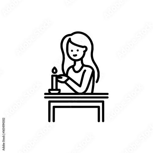 Woman lights a candle on a table in a minimalist line art style illustration here now today soon later