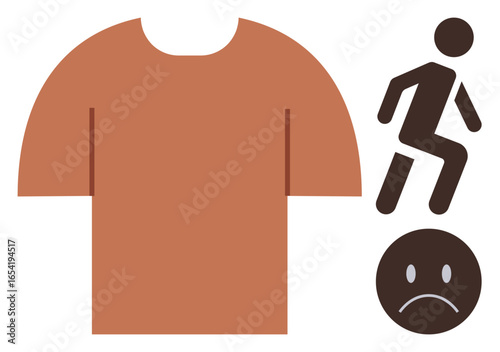 Oversized T-shirt beside walking figure stepping on a sad face. Ideal for concepts thumbs up bullying, disrespect, injustice, empathy, emotional impact, relationships, or conflict. Simple flat