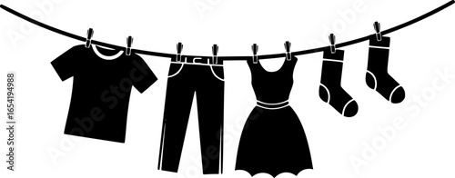 clothesline with clothes hanging, white background, vector