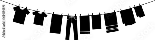 clothesline with clothes hanging, white background, vector