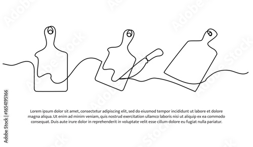 Continuous line design of cutting board. Single line decorative element drawn on white.