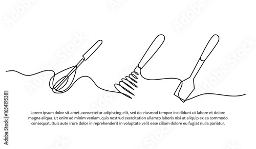 Continuous line design of whisk. Single line decorative element drawn on white.