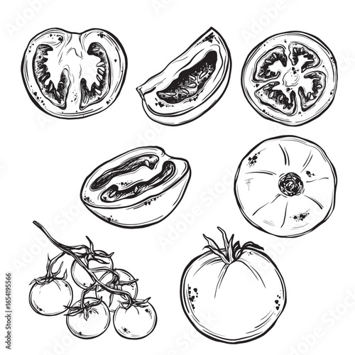 Set of slice and whole tomato isolated on white background. Vector ink vintage engraving illustration for menu, web and label. Hand drawn in a graphic linear drawing cherry tomatoes on a branch.