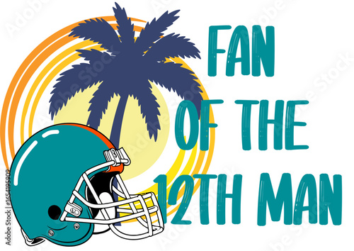 10Avanti
Aqua football helmet with orange stripe, set against a palm tree and sun backdrop. Text reads “FAN OF THE 12TH MAN” in bold teal letters. Ideal for sports enthusiasts and tropical-themed desi