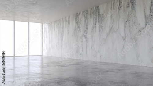 Minimalist concrete interior with smooth floor and textured wall, showcasing contemporary architectural design.