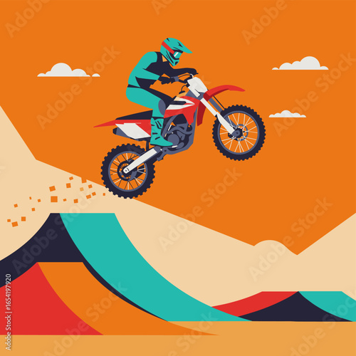 Dynamic motocross jump with vibrant colors and geometric landscape