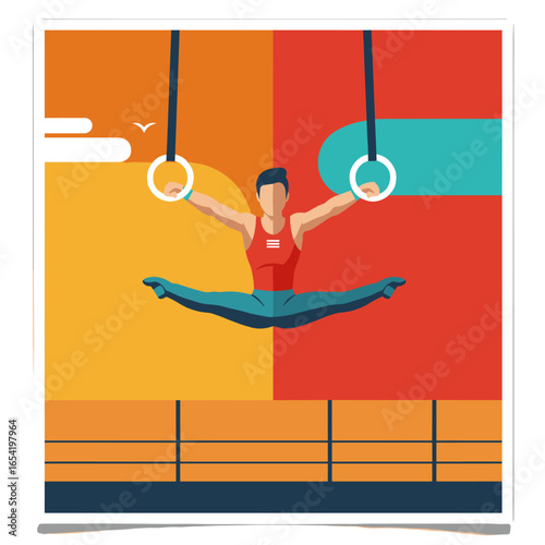 Dynamic flat design of male gymnast performing on rings in split pose