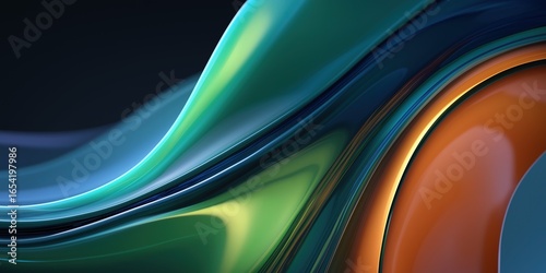 Abstract Fluid 3D Render with Gradient Glass Texture, Futuristic Organic Shapes on Dark Background for Tech Backgrounds, Wallpapers