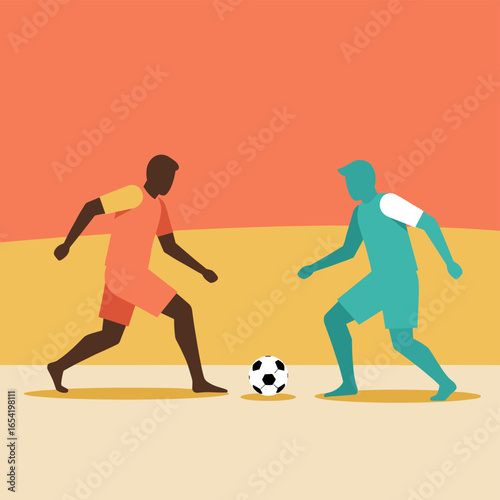 Colorful soccer players in action on sunset background