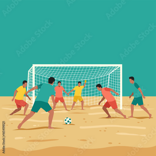 Beach soccer match with players in action near goal