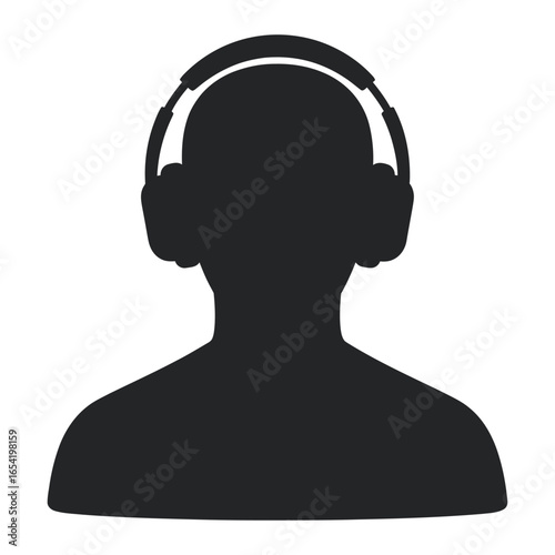 Silhouette of a person wearing headphones against a white background in a simple illustration style vector