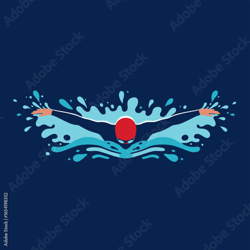 Swimmer splashing in dynamic motion on blue background
