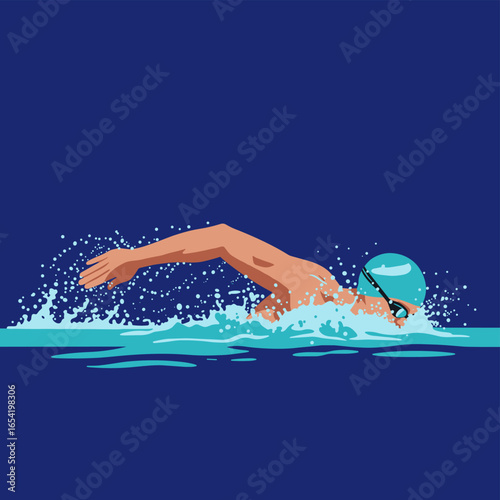 Dynamic freestyle swimming action with splashing water in minimalist design