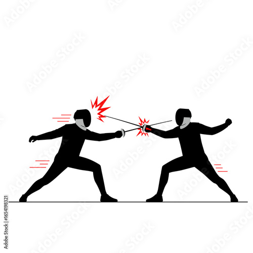 Silhouette of two fencers in action with foils and dynamic motion effects